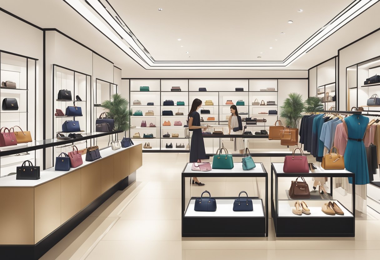 A bustling Longchamp store in Singapore, with elegant handbags and accessories displayed on sleek shelves, and customers browsing the latest collections