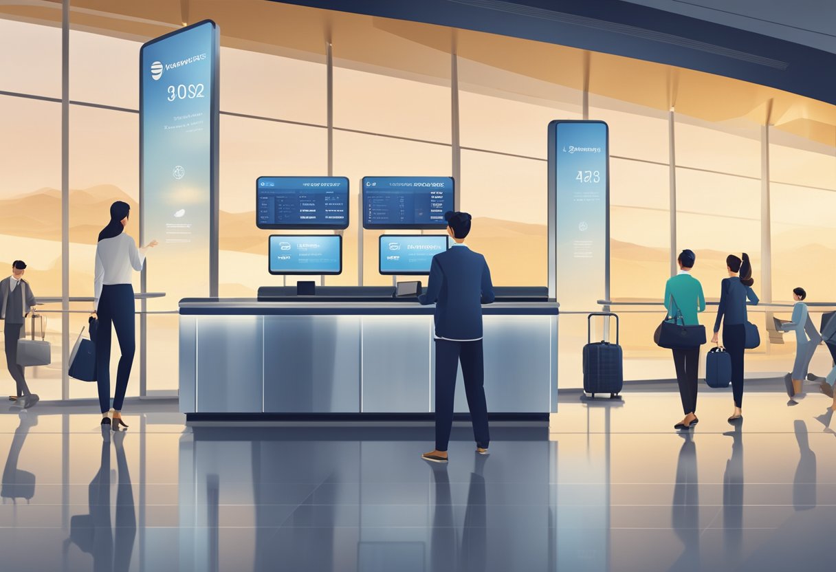 Passengers booking Singapore Airlines flights at a modern airport kiosk. Bright, clean, and efficient atmosphere with digital screens and sleek design