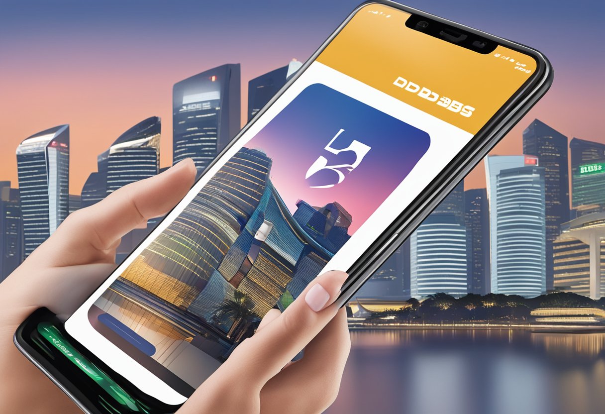 A smartphone displaying the DBS logo, with a digital banking app open and the DBS hotline number visible, set against a backdrop of the Singapore skyline