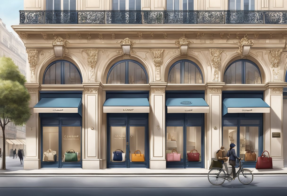 A historic Longchamp store with iconic bags on display, surrounded by elegant Parisian architecture