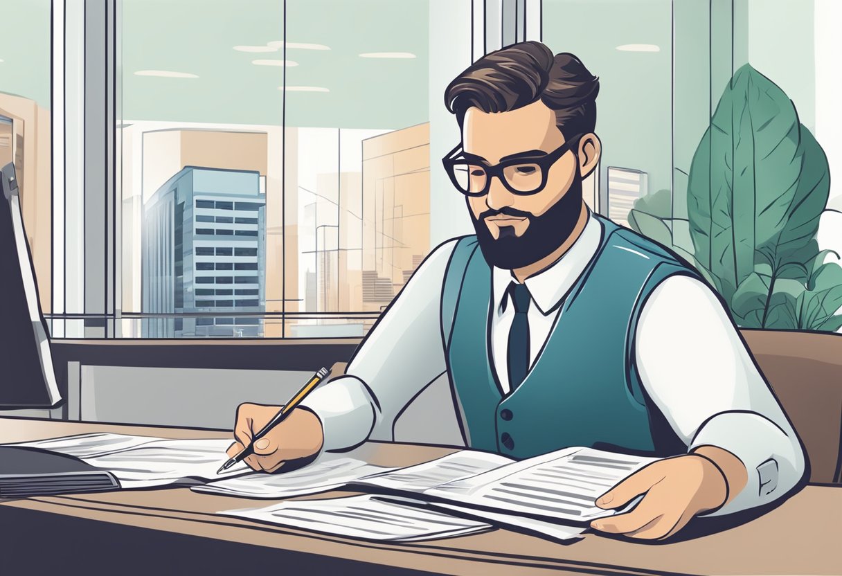 A person fills out a loan application form at a bank, while a bank officer reviews their financial documents