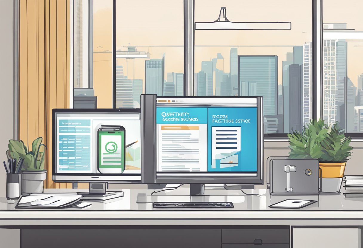 A phone with "Frequently Asked Questions DBS Hotline Singapore" displayed on the screen, surrounded by a clean and modern office desk setting