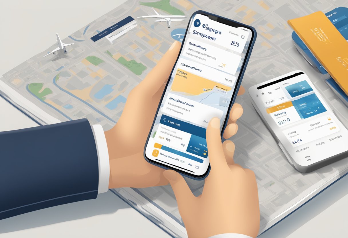 A hand holding a smartphone with the Singapore Airlines website open, selecting dates and destinations for a flight booking