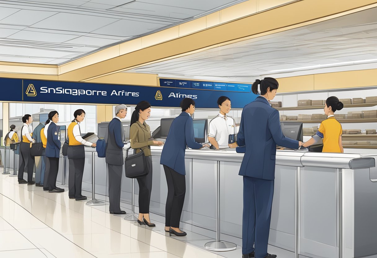 Passengers checking in at a modern airport counter with Singapore Airlines branding and staff assisting