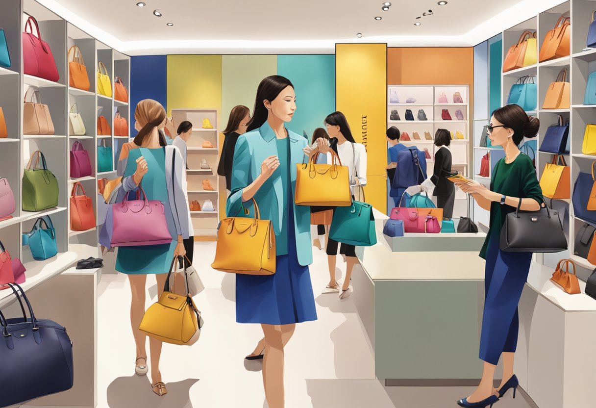 Customers browsing through a display of colorful Longchamp bags at a stylish boutique in Singapore
