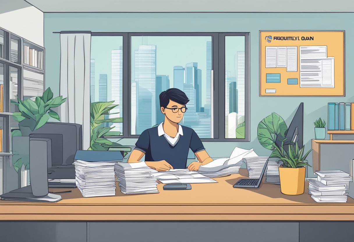 A person sitting at a desk, surrounded by paperwork and a computer, with a sign that reads "Frequently Asked Questions personal loan singapore."