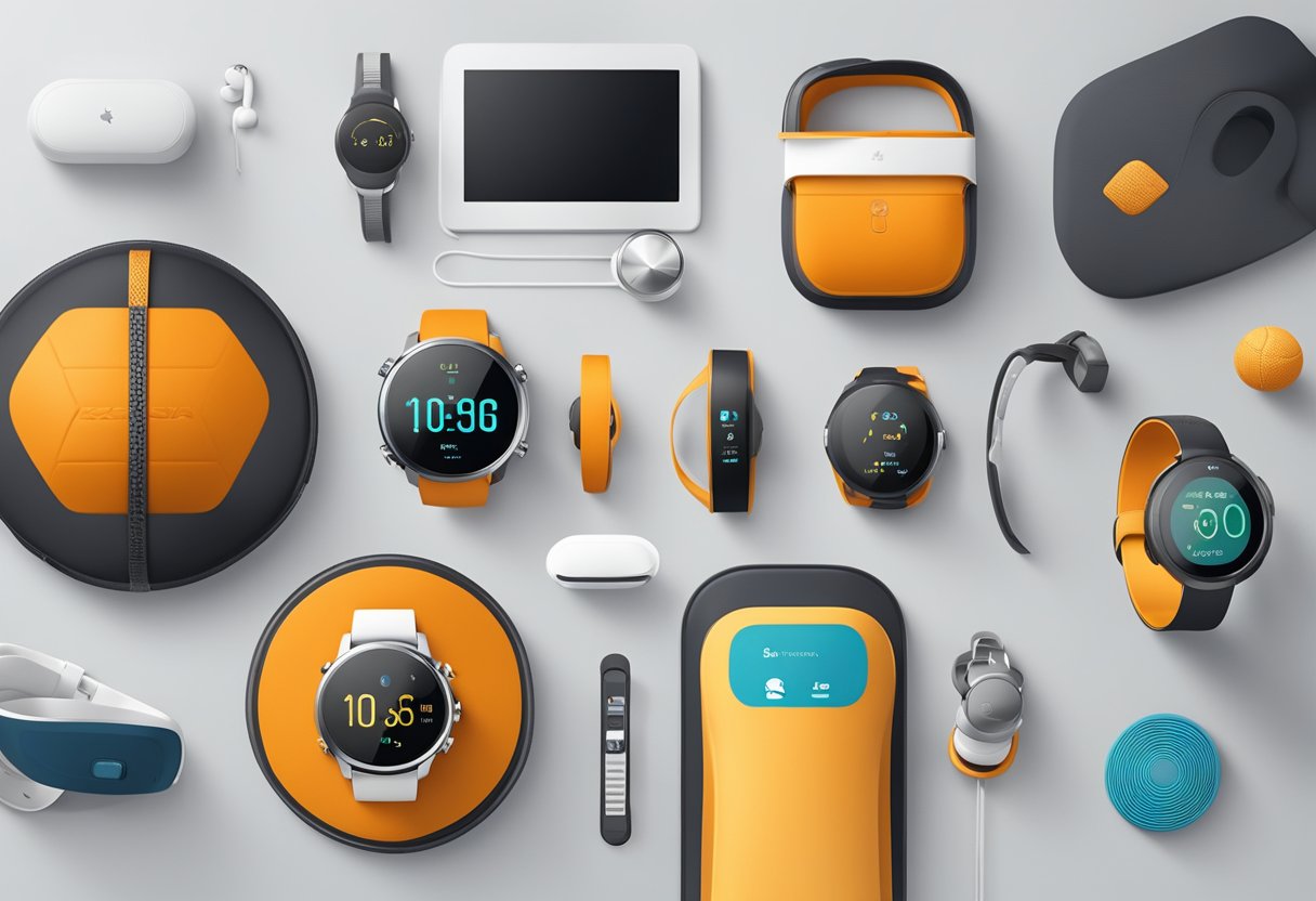 A collection of sports wearable tech devices displayed on a sleek, modern table, showcasing the evolution of gadgets that enhance performance and monitor health in athletic activities