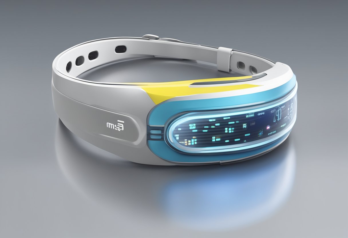 A sleek, high-tech wristband displays real-time data while a compact sensor attaches to a shoe, tracking movement and performance. A futuristic-looking headband with embedded sensors monitors vital signs, enhancing athletic performance