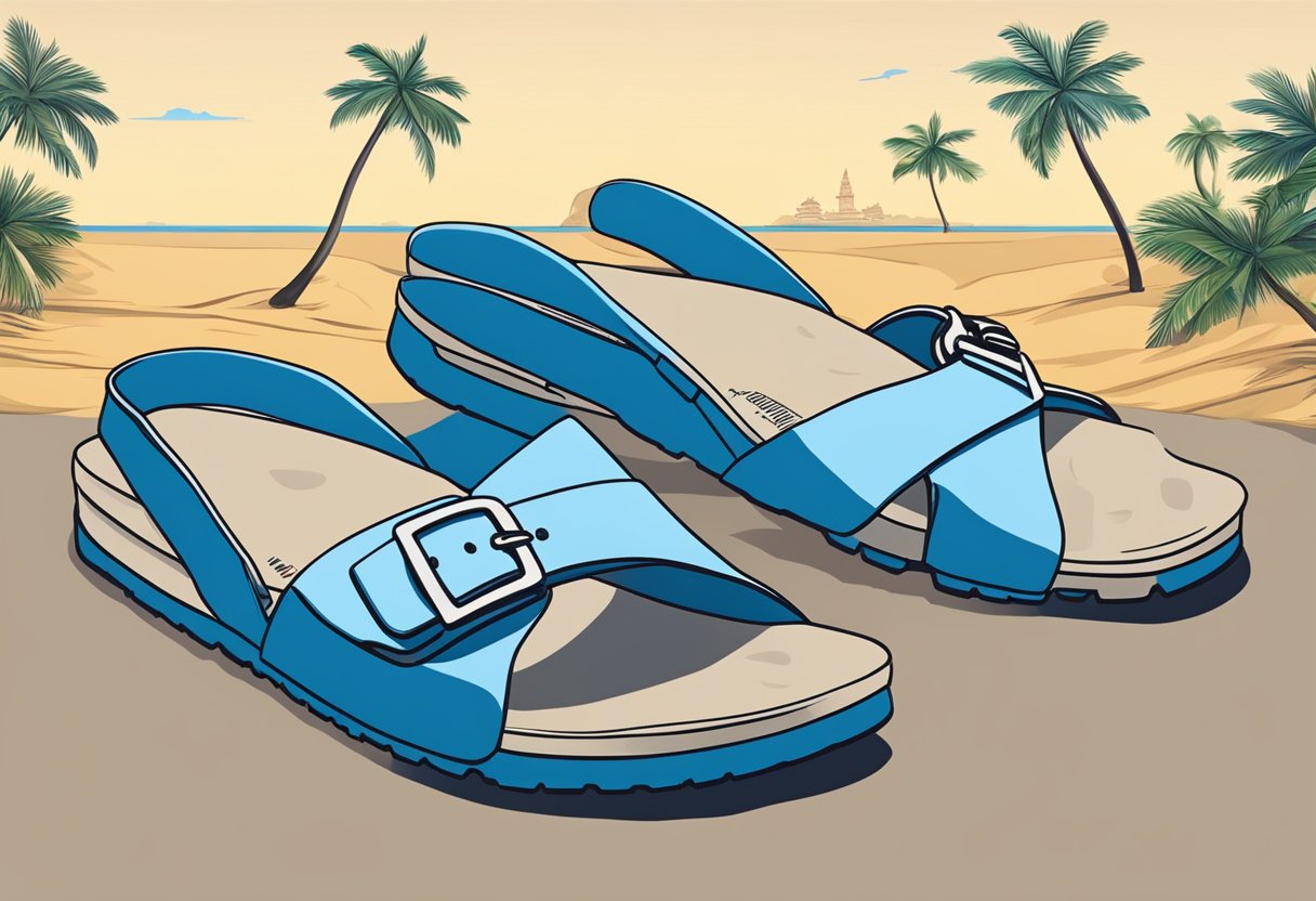 A pair of Birkenstock sandals sits on a sandy beach in Singapore, with palm trees and a clear blue sky in the background