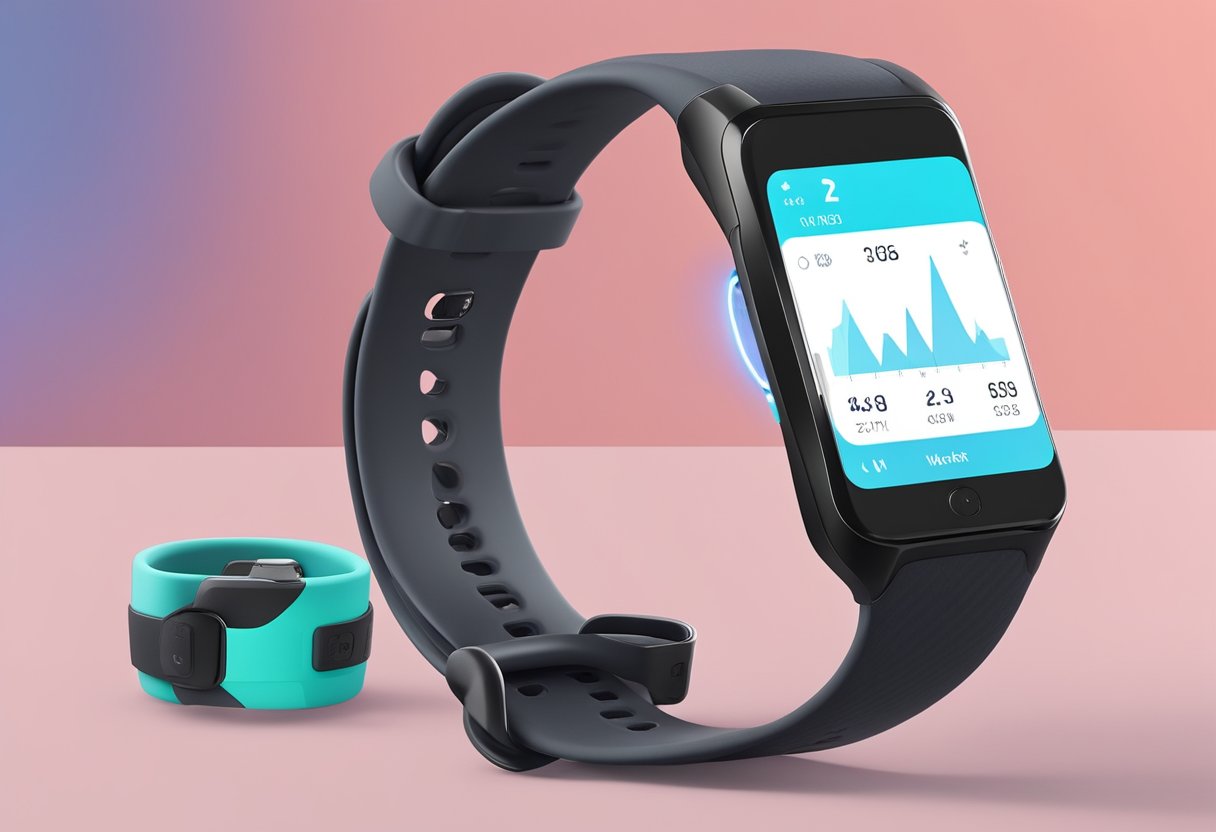 A sleek wristband with a digital display tracks heart rate and activity levels during a workout. Nearby, a sensor-equipped water bottle measures hydration levels