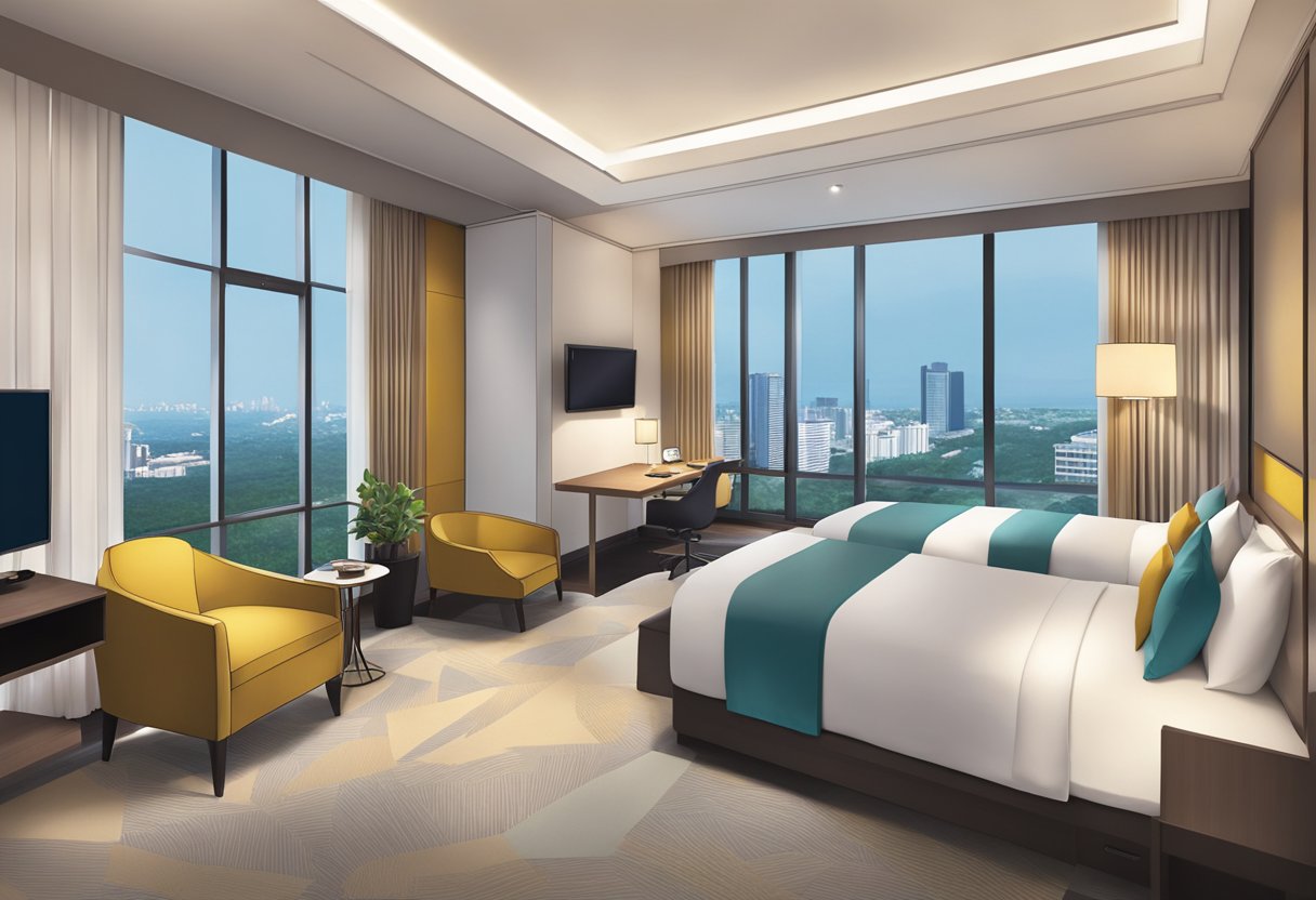 The grand Mercure Singapore Roxy features modern amenities and comfortable accommodation, including a spacious lobby, luxurious swimming pool, and stylish guest rooms