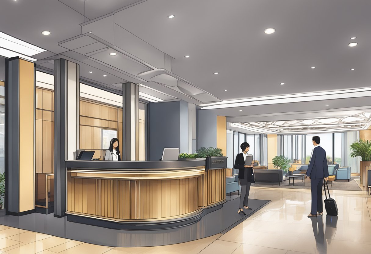 The lobby of Grand Mercure Singapore Roxy, with a reception desk, seating area, and a prominently displayed "Frequently Asked Questions" sign