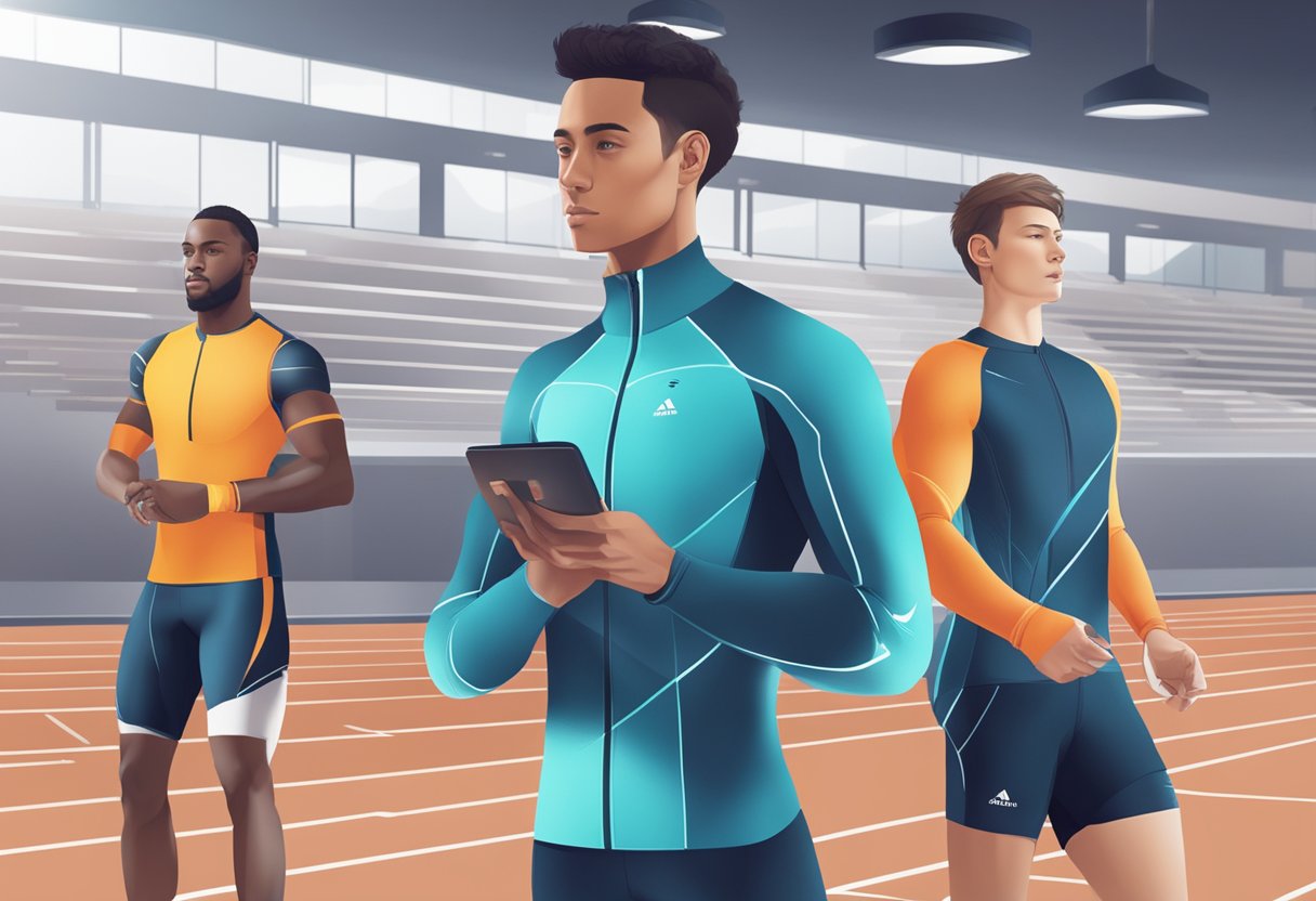 Athletes wearing high-tech gear, monitoring their performance and health data during competitive sports