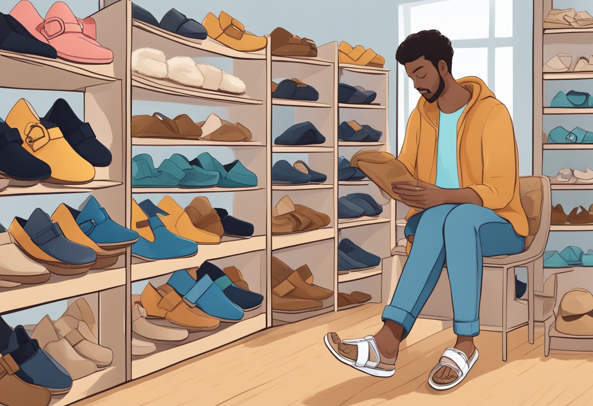A person finds a pair of Birkenstock sandals in a cozy shoe store