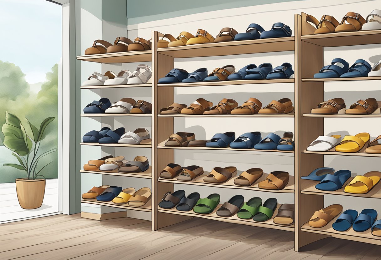 A colorful display of Birkenstock sandals and shoes arranged on shelves in a well-lit store in Singapore