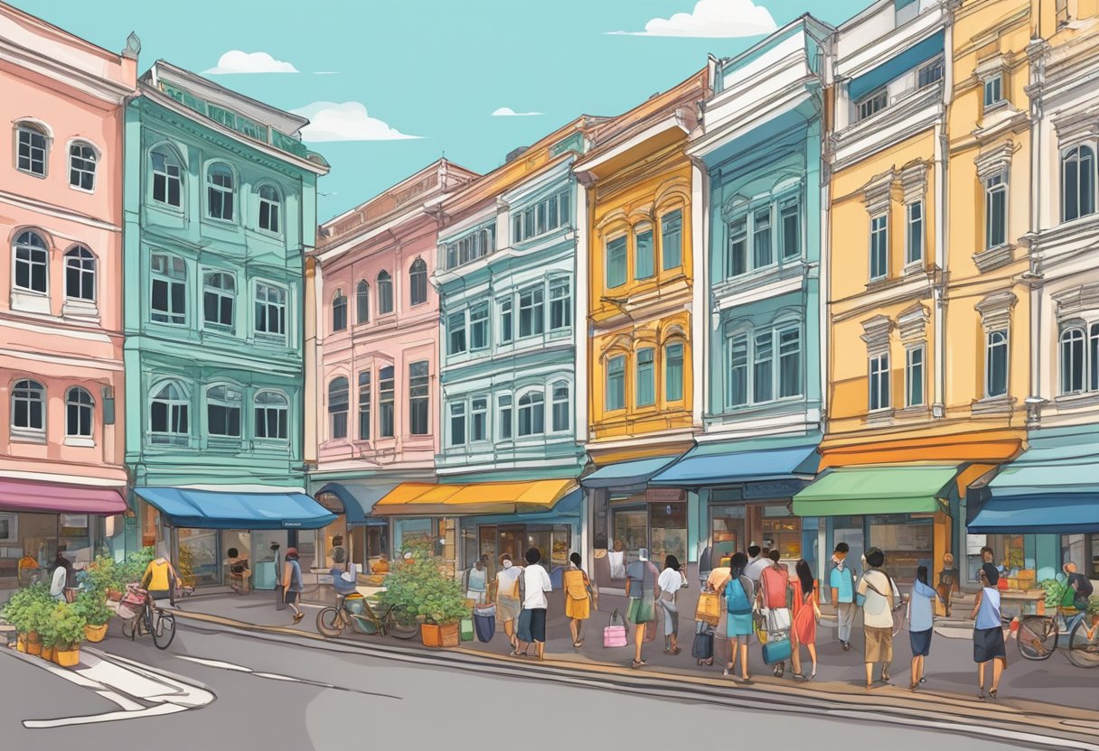 A bustling street in Singapore with colorful shophouses and a mix of modern and traditional architecture