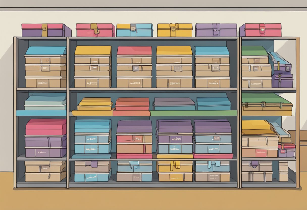 A stack of colorful Birkenstock shoe boxes arranged neatly on a display shelf, with a "Frequently Asked Questions" sign hanging above