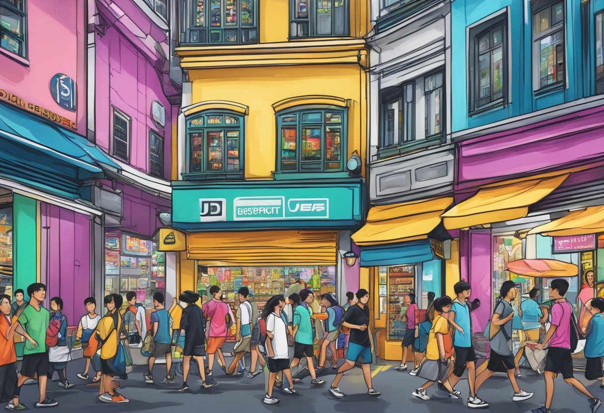 A bustling street in Singapore, with the iconic JD Sports storefront standing out among the vibrant colors and bustling activity