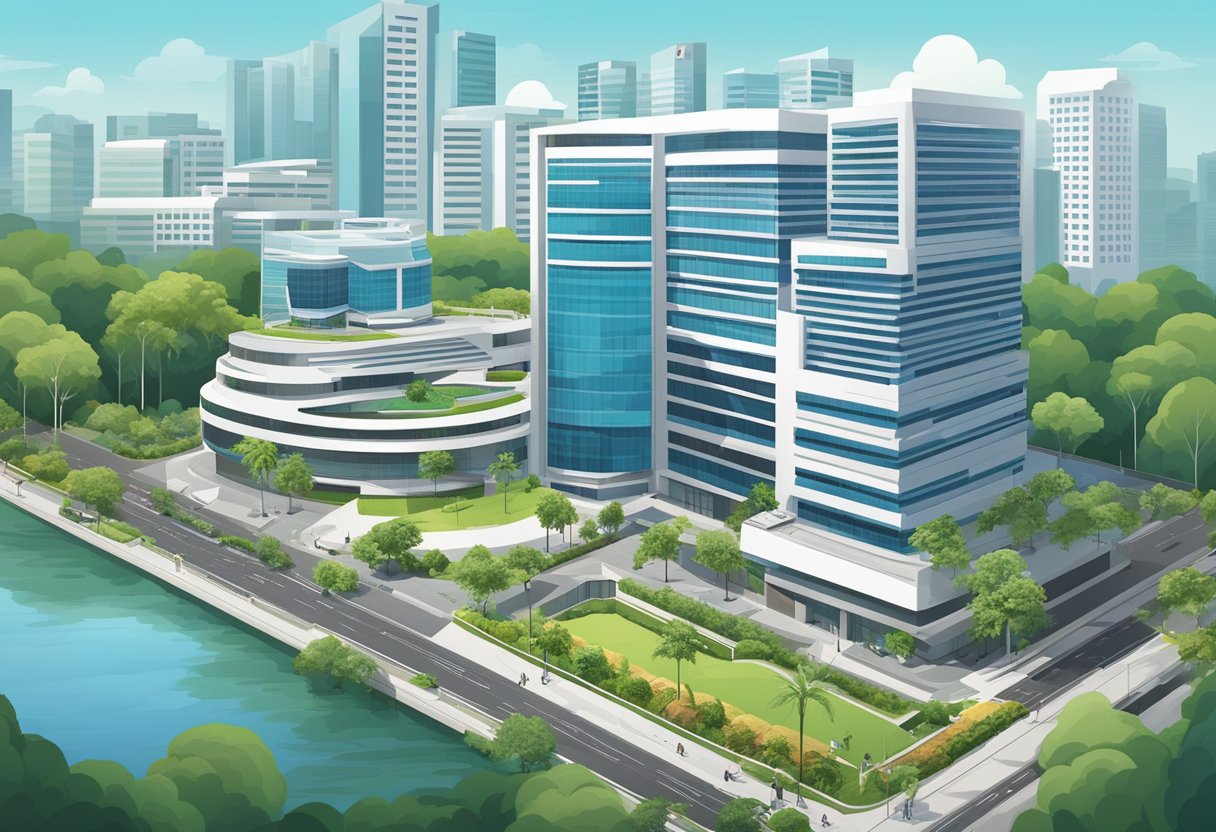 The Inland Revenue Authority of Singapore building stands tall and modern, with sleek lines and a prominent logo. Surrounding it are well-maintained gardens and a bustling cityscape