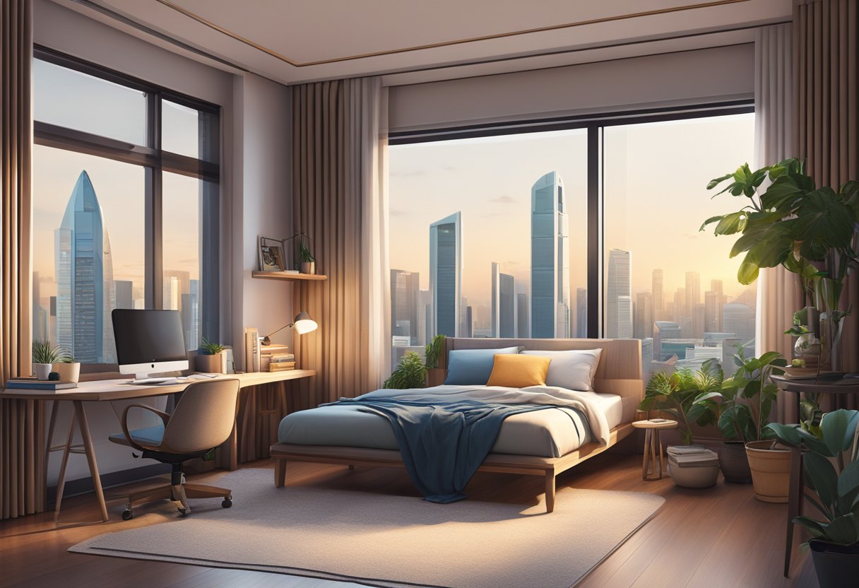 A cozy room in Singapore, with a large window overlooking the city skyline. A comfortable bed, a desk, and a small bookshelf fill the space