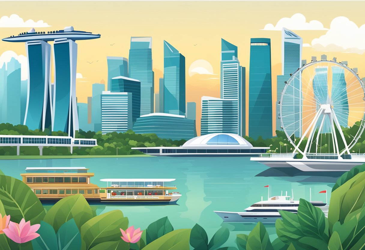 The iconic skyline of Singapore featuring the towering skyscrapers, the Marina Bay Sands, and the Singapore Flyer, with a bustling riverfront and lush greenery
