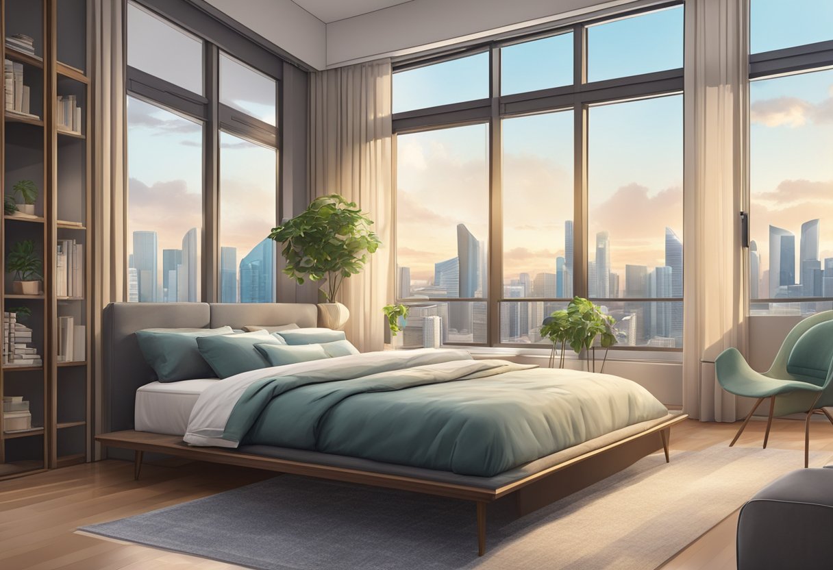 A bright, spacious room with a large window overlooking the city skyline. Modern furnishings and a cozy atmosphere make it the perfect space for rent in Singapore