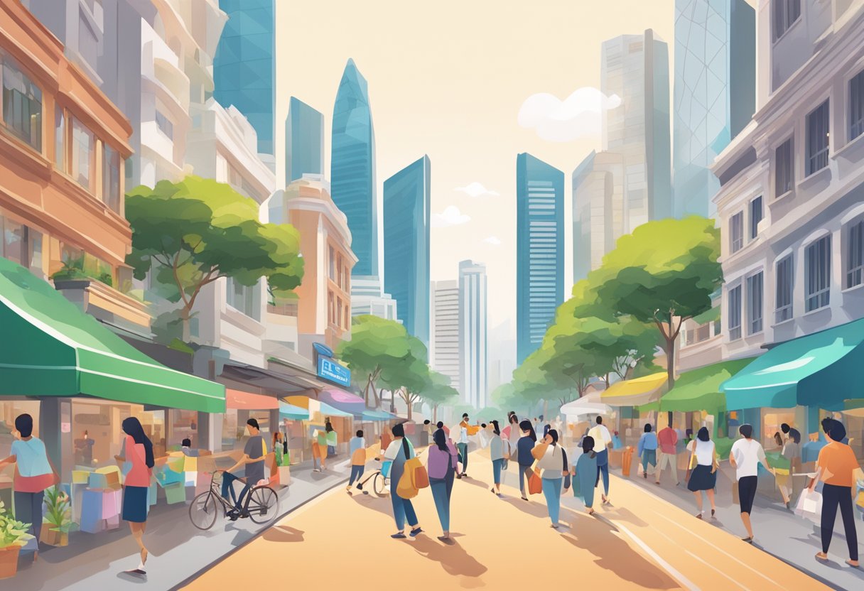A bustling cityscape with iconic landmarks, bustling streets, and a diverse range of people enjoying Agoda's services in Singapore