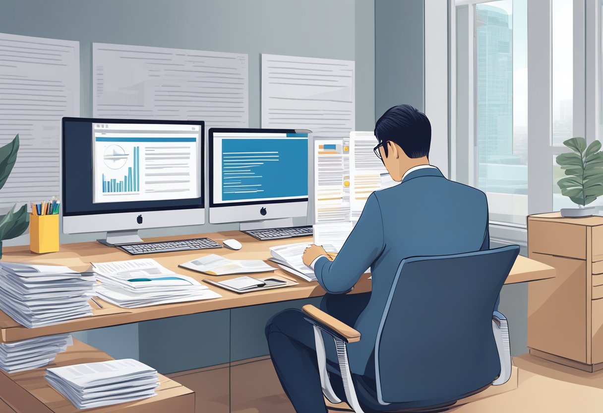 An office setting with a computer, paperwork, and a Singapore flag. A person reading tax regulations with a stack of documents nearby