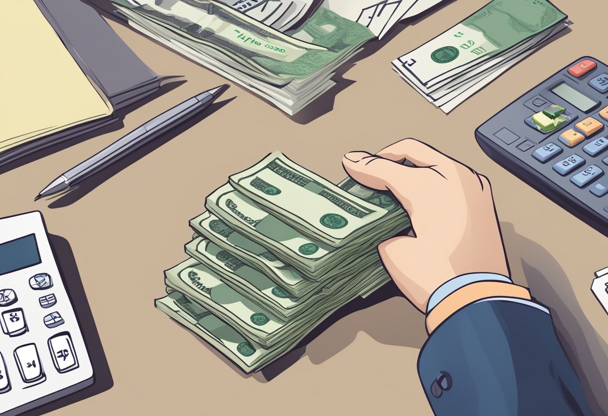 A stack of money grows taller as a hand places more bills on top, with a calculator and financial documents nearby