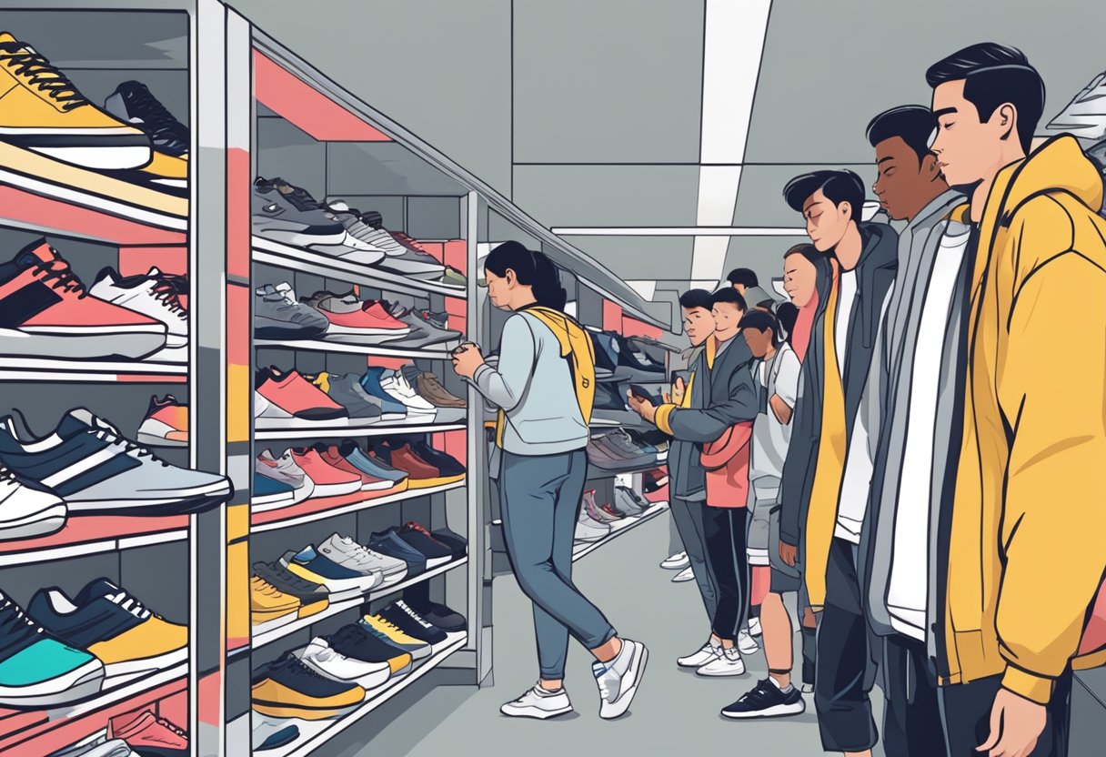 People browsing shelves of sportswear, trying on shoes, and examining clothing at JD Sports in Singapore