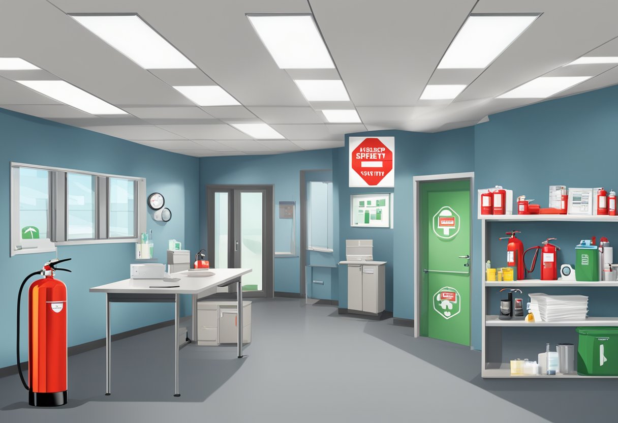 A well-lit office with clear exit signs, fire extinguishers, and first aid kits prominently displayed. Safety posters and regulations posted on the walls
