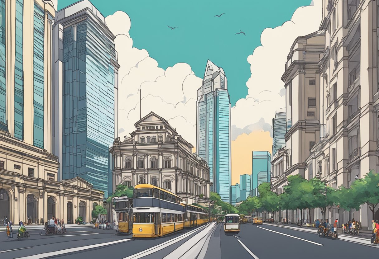 The bustling streets of Singapore's capitol, filled with modern skyscrapers juxtaposed against historic colonial architecture