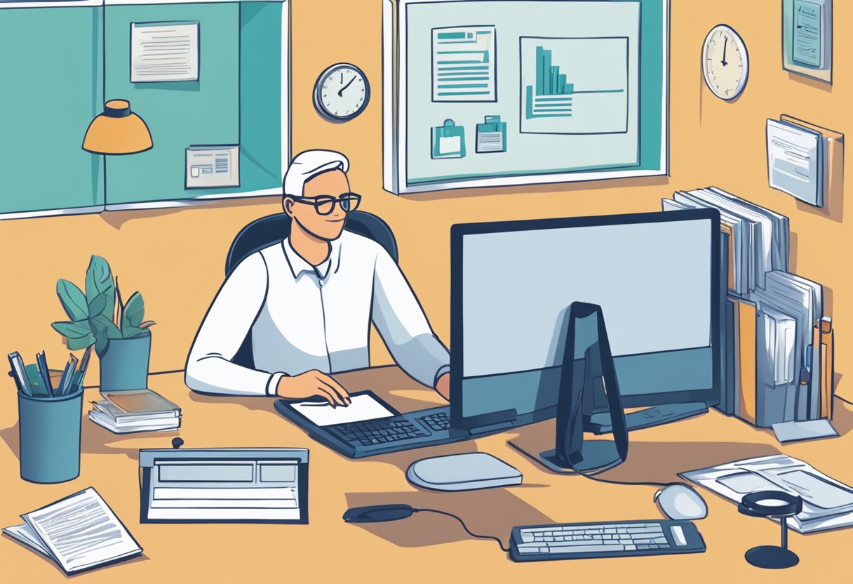 A person using a computer to access IRAS Digital Services, surrounded by office equipment and paperwork