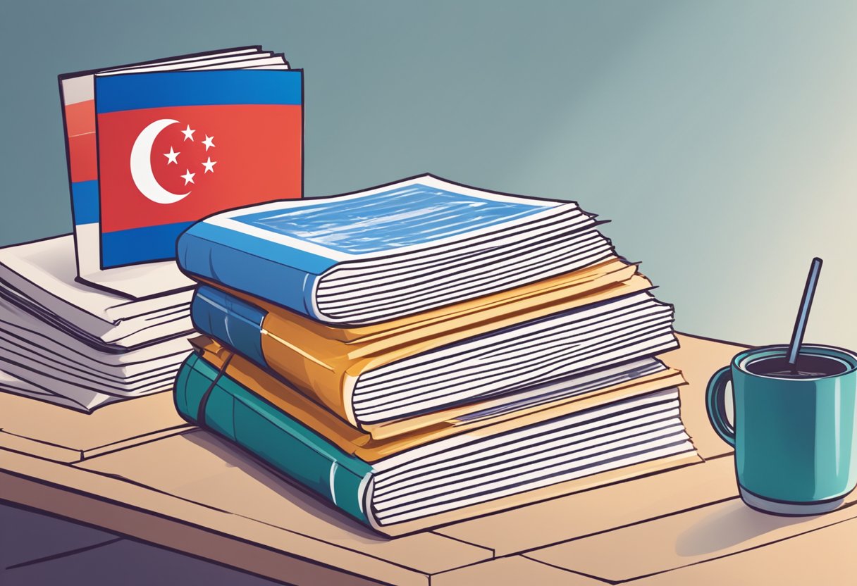 A stack of FAQ pamphlets on a desk with a Singaporean flag in the background
