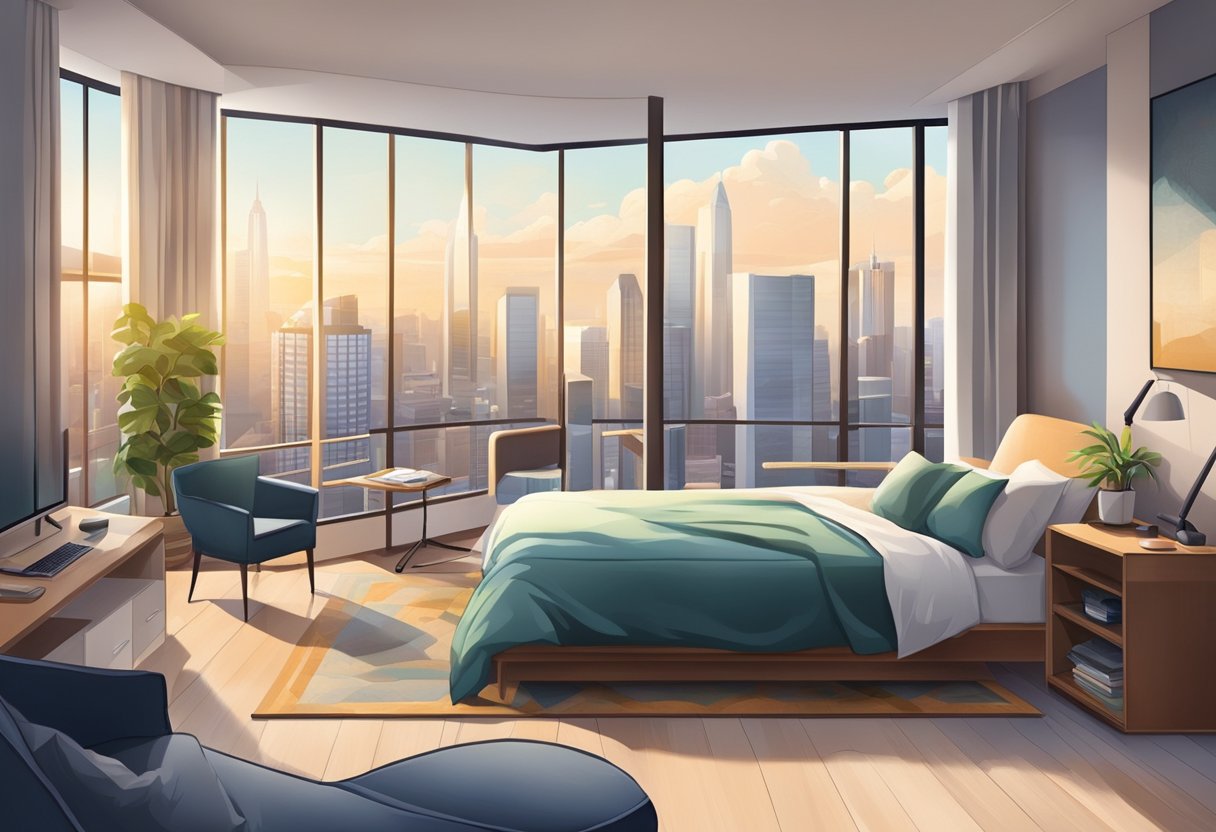 A spacious room with modern amenities and conveniences, including a comfortable bed, a sleek desk, a large window with a city view, and a private bathroom