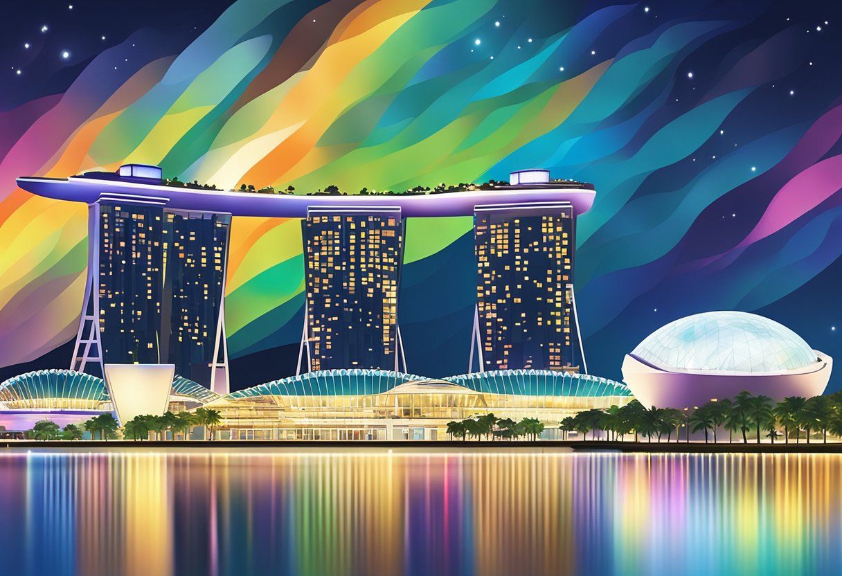 Vibrant skyline of Singapore's iconic Marina Bay Sands and ArtScience Museum against a backdrop of colorful city lights and reflections in the water