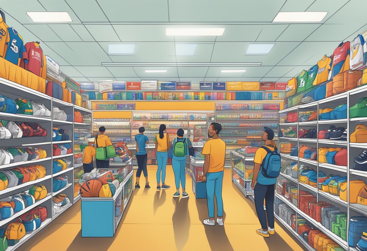 A crowded store with shelves of sports merchandise, a customer service desk, and people browsing