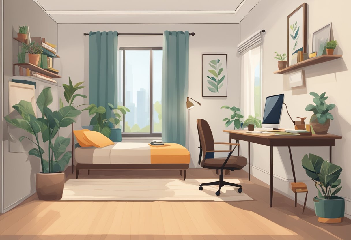 A cozy room with a desk, chair, and a comfortable bed. A sign on the wall reads "Frequently Asked Questions for Renting in Singapore."