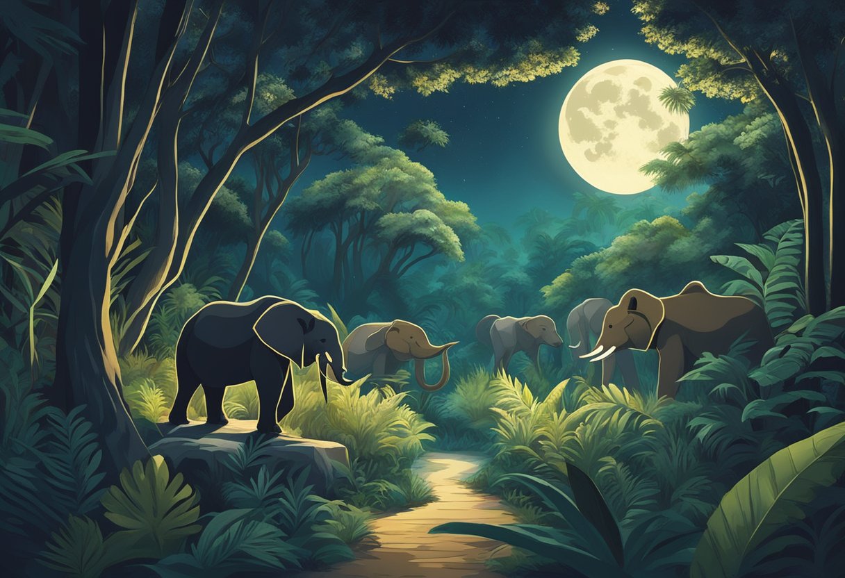 Animals roam under the moonlit sky at Night Safari Singapore. The lush vegetation and dimly-lit pathways create a mysterious and enchanting atmosphere
