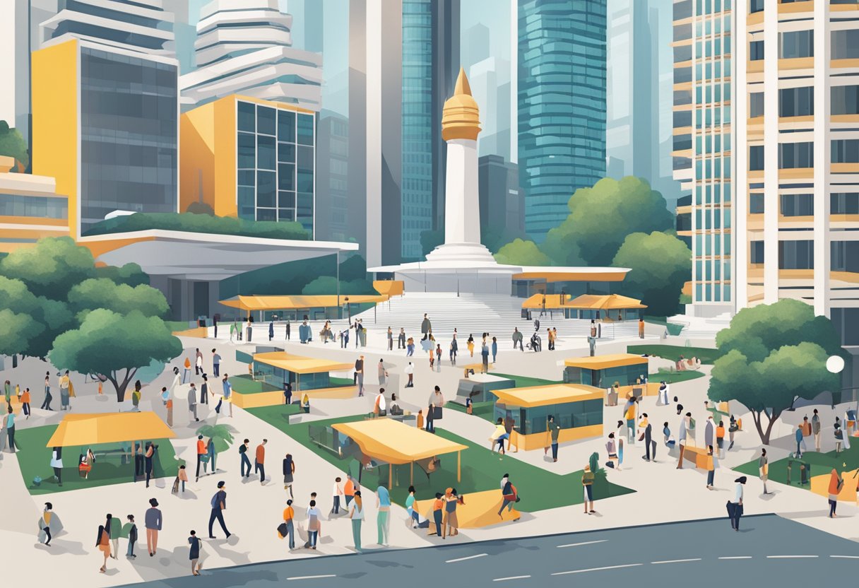 A bustling city square with a prominent building labeled "Frequently Asked Questions capitol singapore" amidst a backdrop of modern architecture and busy pedestrians