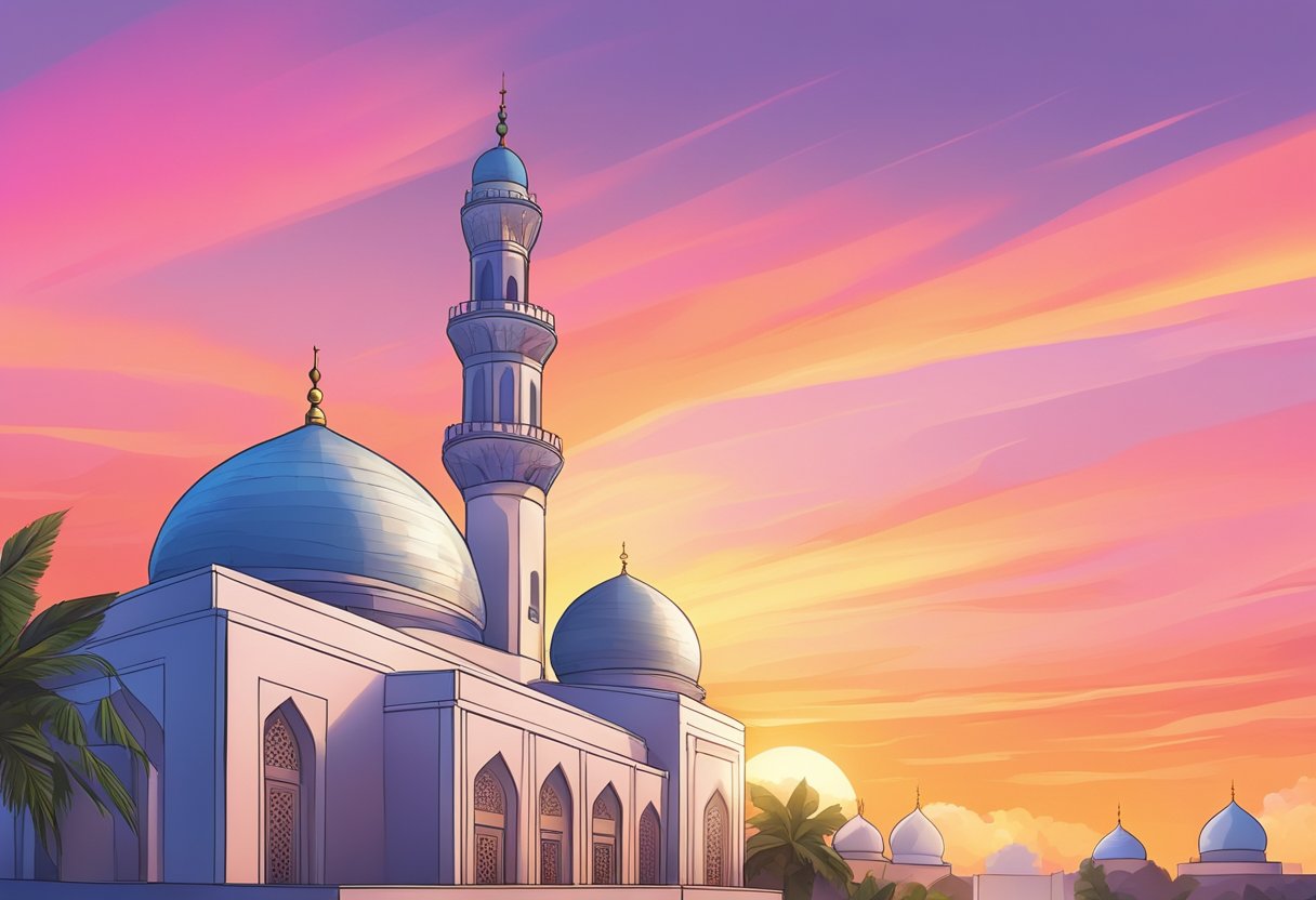 A mosque's minaret stands against a colorful sunset sky, with a digital clock displaying the current prayer time in Singapore