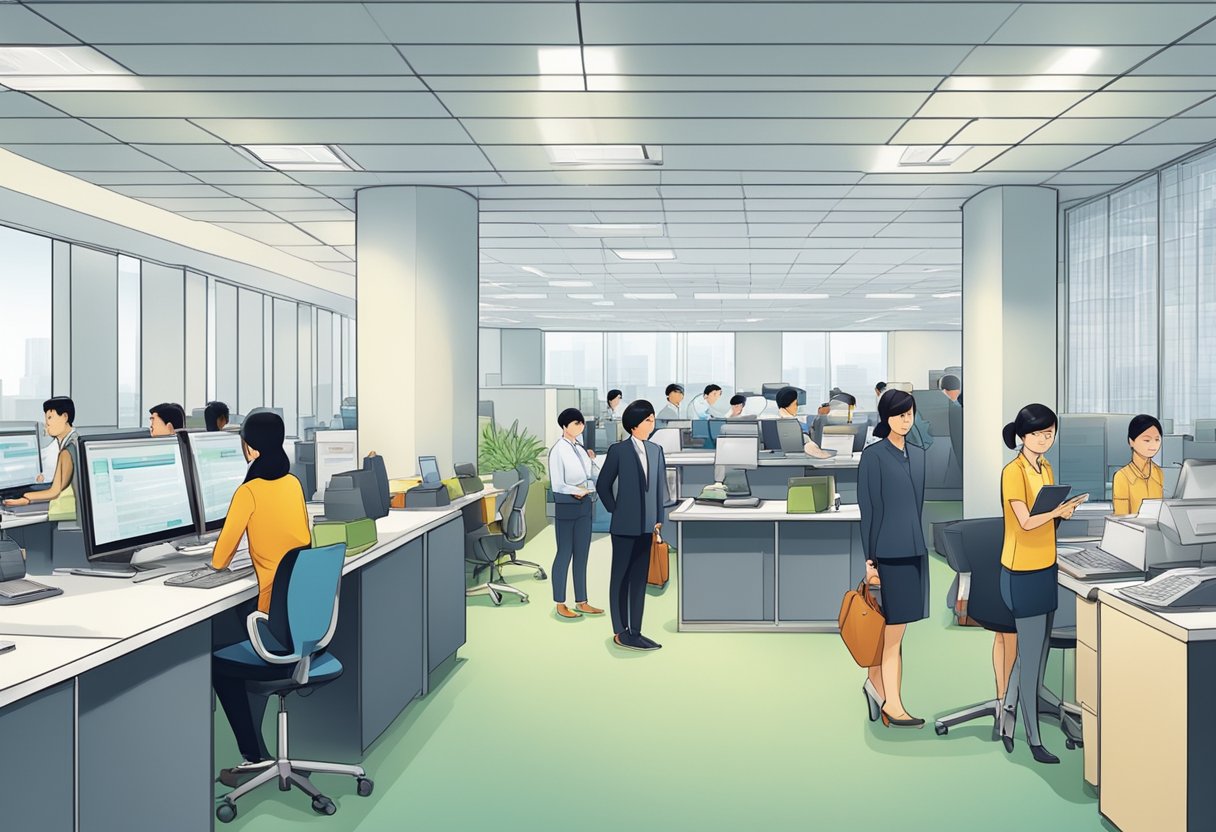 The busy office of Inland Revenue Authority of Singapore, with people lining up at counters and staff assisting customers with forms and inquiries