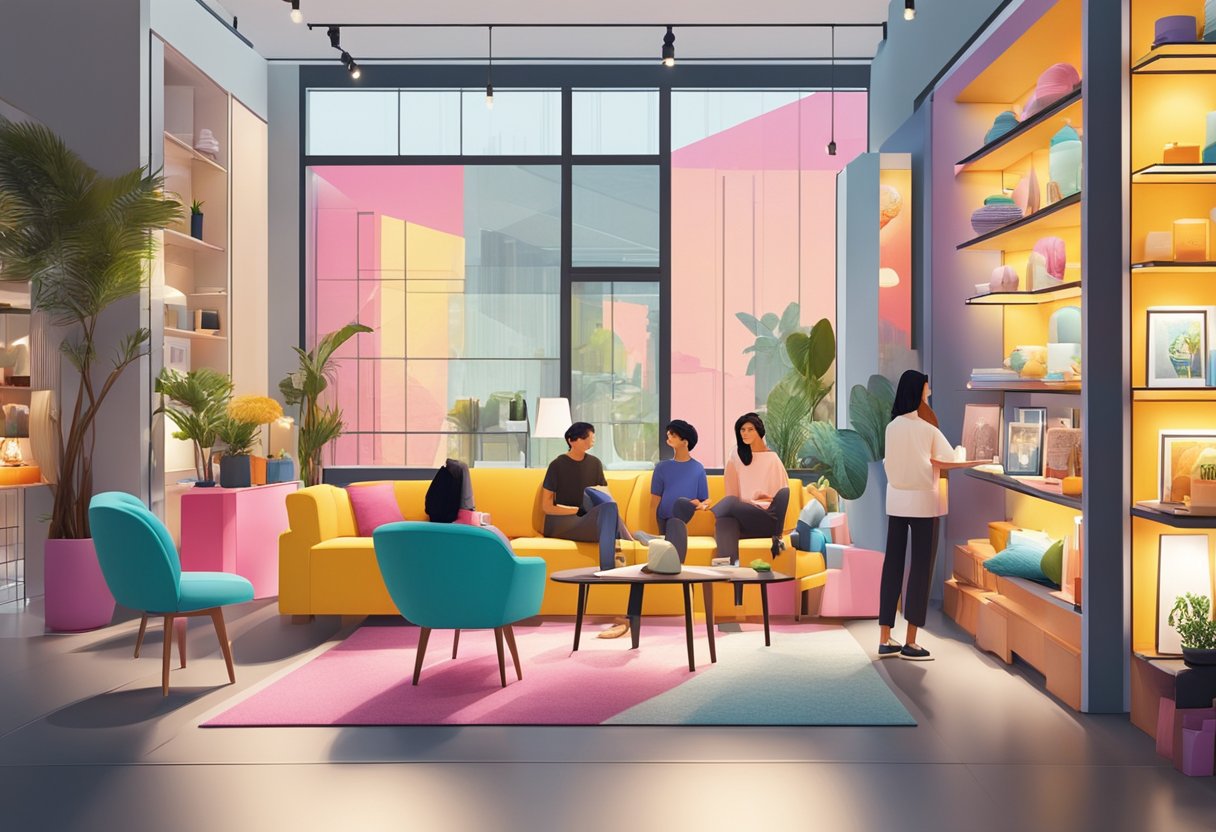 Shoppers browse through modern furniture displays at IMM Singapore, with colorful decor and bright lighting creating a vibrant atmosphere
