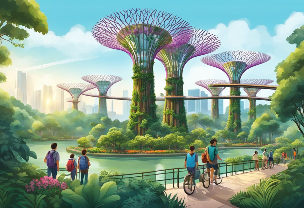 People exploring Gardens by the Bay, with the iconic Supertree Grove and Cloud Forest in the background