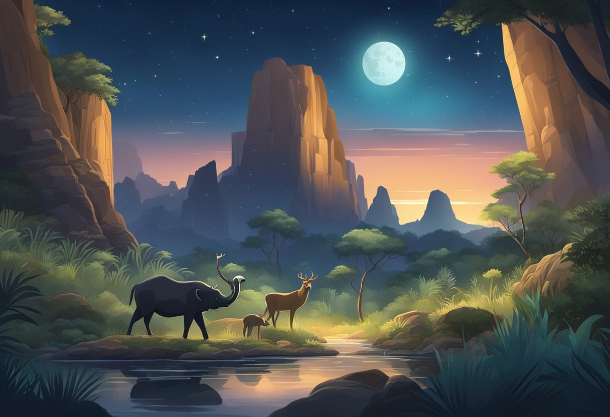 Animals roam freely in dimly lit habitats, surrounded by lush greenery and natural rock formations. The night sky twinkles above, creating an enchanting atmosphere