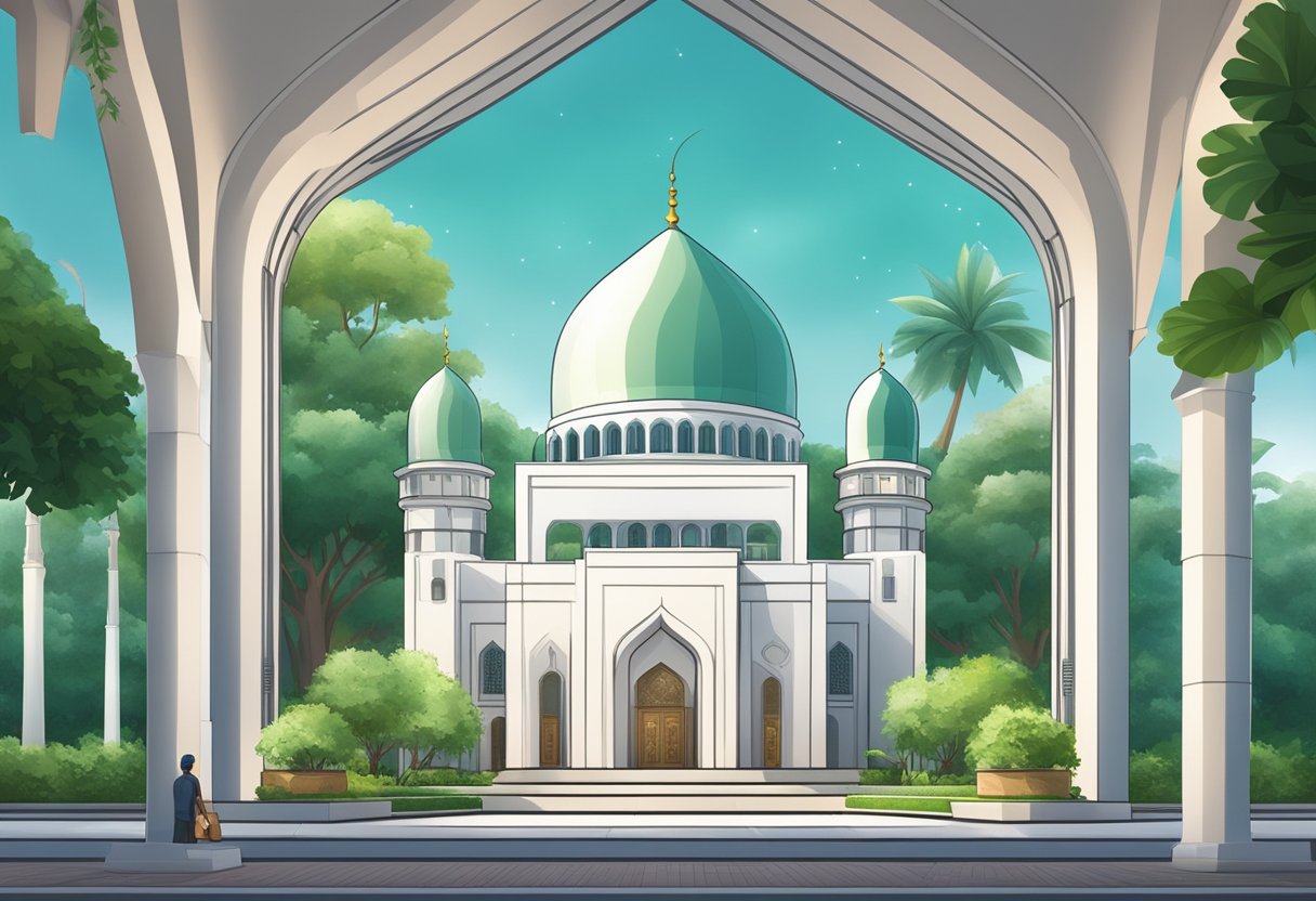 A mosque in Singapore with a digital display showing the prayer times for Muslims, surrounded by lush greenery and modern architecture