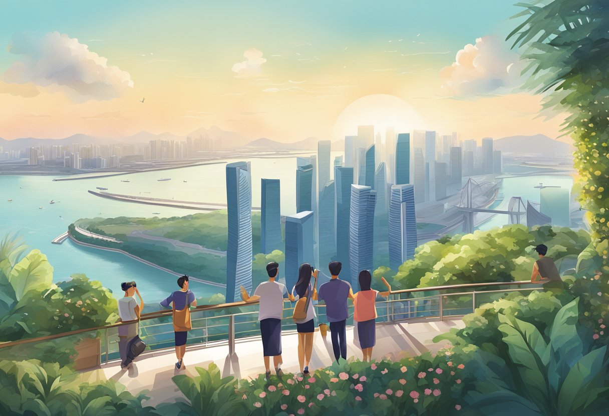 People enjoying the view from the top of Marina Bay Sands, with the iconic skyline and Gardens by the Bay in the background