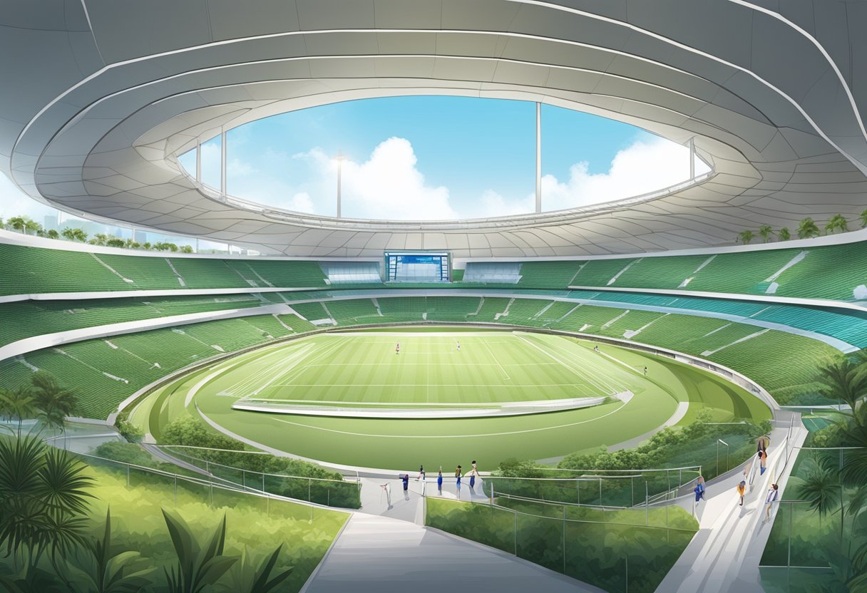 The Singapore Sports Hub features a modern stadium, indoor arena, and aquatic center surrounded by lush greenery and a waterfront promenade