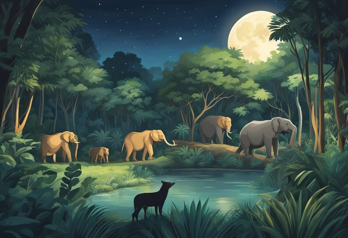 Animals roam under the moonlit sky in the lush greenery of Singapore's Night Safari, with visitors observing from a safe distance