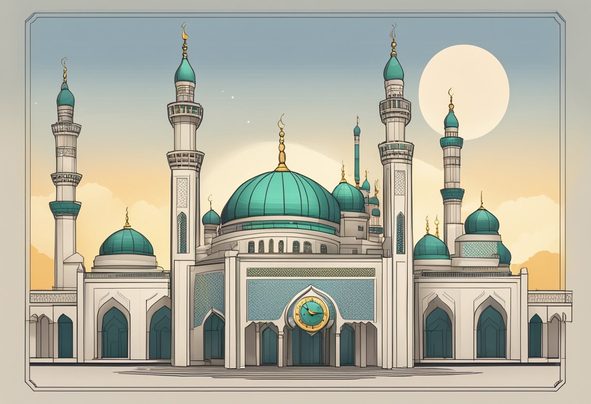 A mosque with a digital clock displaying the schedule for Islamic prayer times in Singapore